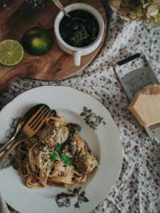 table setting with meatballs and spaghetti