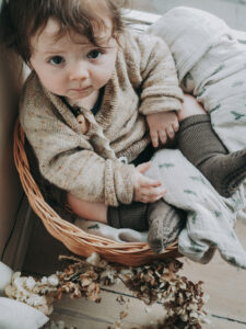 kids photography, kids photography ideas at home, kids fashion, baby sitting in a basket wearing gobabygo